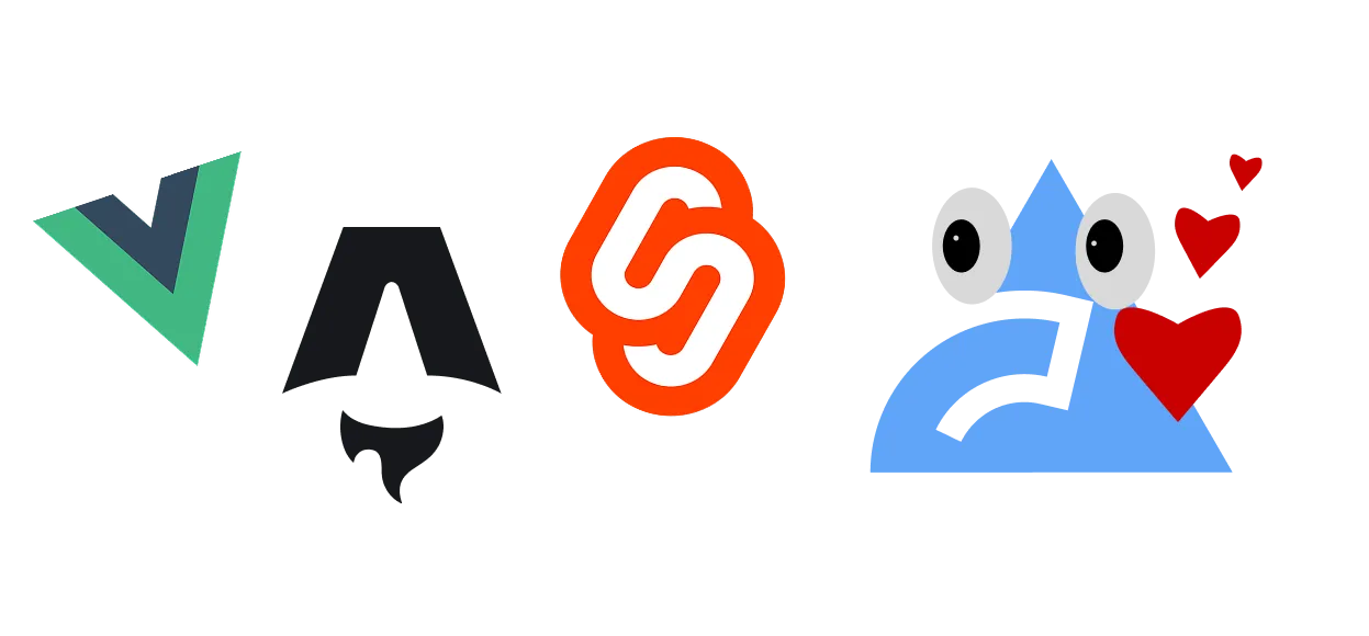 The image, on the right, shows the mascot of the Biome project named Cookie, which is the Biome logo with eyes. On the left, the Vue, Svelte and Astro logos. The mascot has hearts on her, which shows that is in love with the three frameworks.